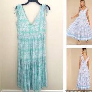 Oliphant design v-neck blue and green maxi dress